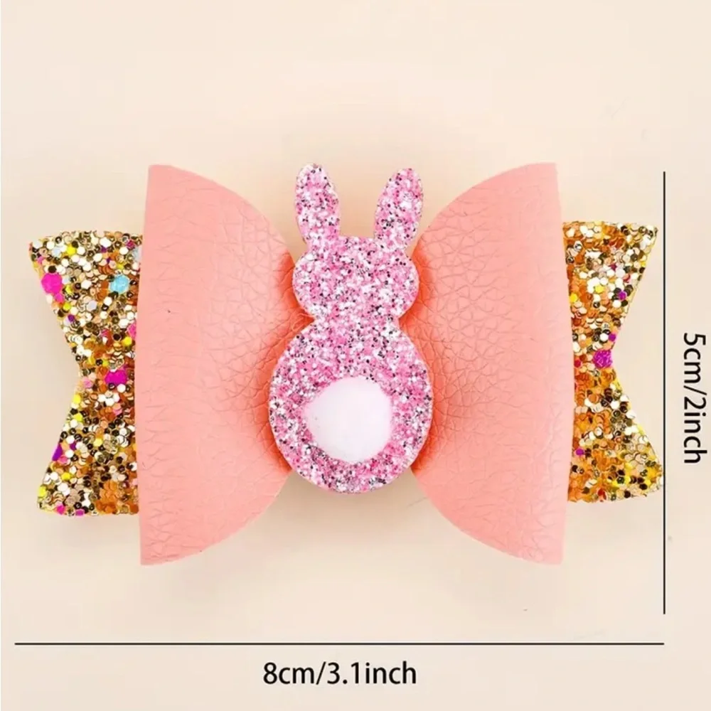 Glittering Easter Bunny Bow Hair Clip Set ~ 3 Pieces